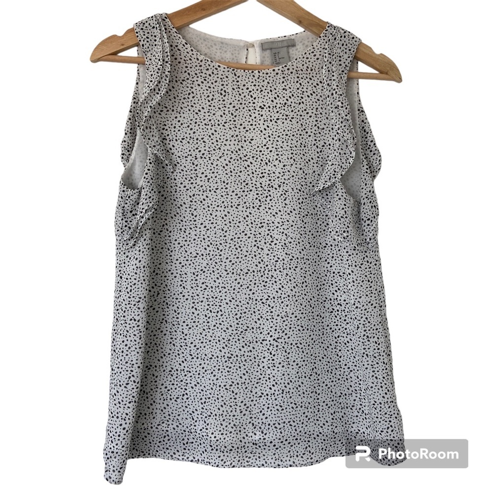 H&M WHITE/BLACK POLKA DOT SLEEVELESS TOP/BLOUSE WITH RUFFLE DETAILS/KEYHOLE, 2